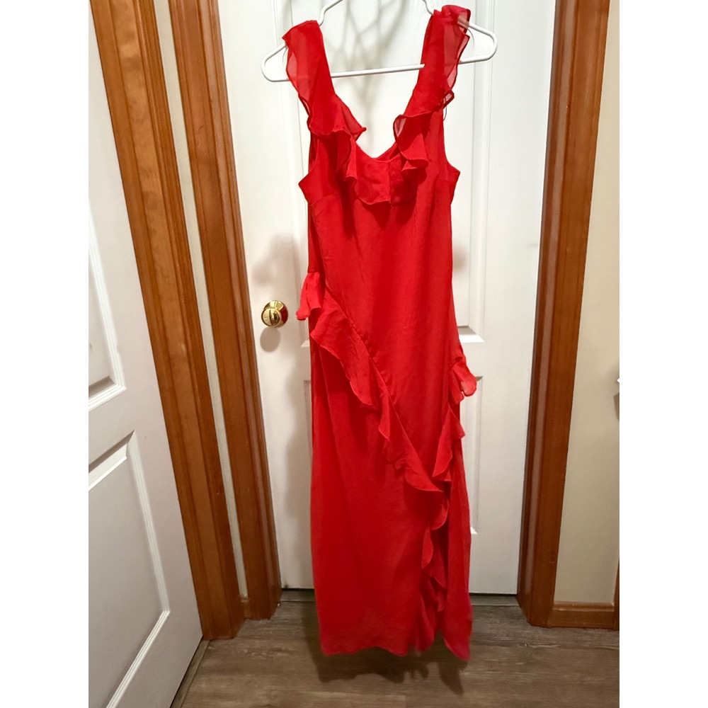 A New Day Red Ruffle Maxi Dress Sleeveless V-Neck Recycled Polyester Size M